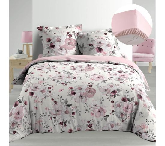 Pack Housse De Couette 220x240 Cm Percale Luxe Flower Blanc + Drap Housse 140x190 Rose