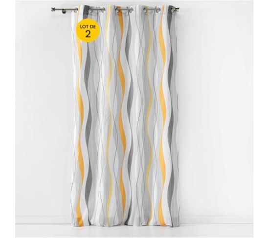 Lot De 2 Rideaux Déco à Oeillets 140 X 260 Cm Polyester Imprime Ondulys Jaune/blanc