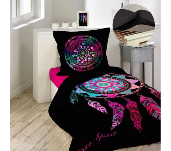 Pack Parure De Couette Enfant 140x200 Cm Porte Bonheur + Drap Housse 90x190 Noir