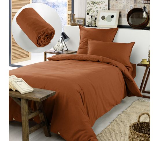 Pack Housse De Couette Chaude En Flanelle 140 X 200 Cm + Drap Housse 90x190 Terracotta