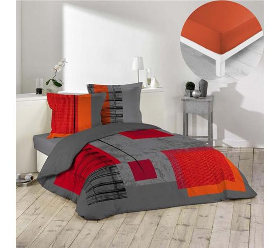 Pack Housse De Couette 220x240 Cm Quadro + Drap Housse 140x190x30 Paprika