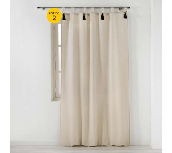 Lot De 2 Rideaux Tamisant A Passants + Pompons 140 X 240 Cm Polycoton Cyrine Beige