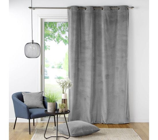 Rideau Tamisant à Oeillets 140 X 260 Cm Velours Côtelé Casual Gris