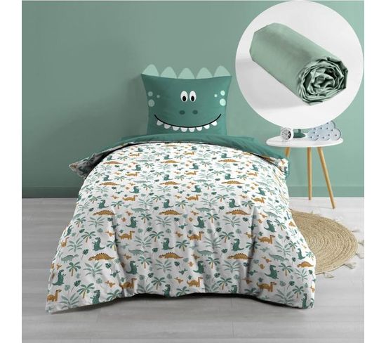 Pack Housse De Couette Enfant Dina 140 X 200 Cm + Drap Housse Sauge