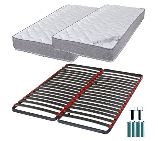 Matelas Mousse + Sommier Métal C39 2x90x190 Wave - Hauteur 19 Cm - Soutien Ferme