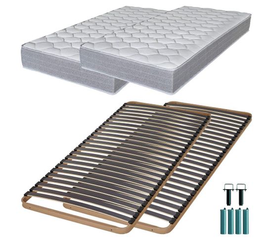 Matelas Mousse + Sommier Métal C224 2x90x190 Madere - Hauteur 24 Cm - Soutien Ferme