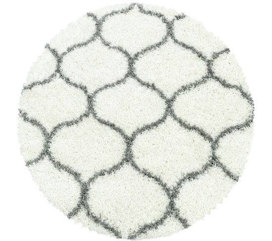 Salma - Tapis Rond à Poils Longs Et Motifs Alhambra - Blanc Et Gris 200 X 200 Cm