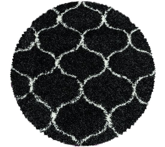 Salma - Tapis Rond à Poils Longs Et Motifs Alhambra - Noir Et Blanc 160 X 160 Cm