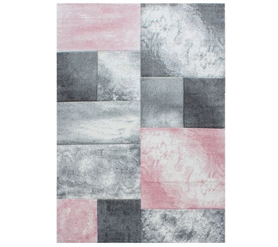 Aquarelle - Tapis Géométrique Effet Vieilli - Rose Et Gris 080 X 300 Cm