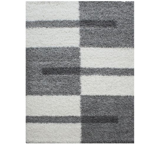 Roma - Tapis Shaggy à Motifs Traits - Gris Clair Et Ivoire 240 X 340 Cm