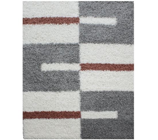 Roma - Tapis Shaggy à Motifs Traits - Terra Et Gris 140 X 200 Cm