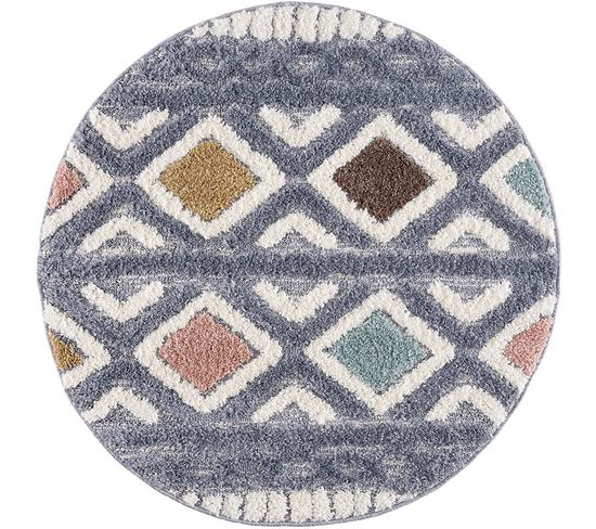 Hippie 05 - Tapis Rond à Poils Longs Et Relief Multicolore 120x120cm