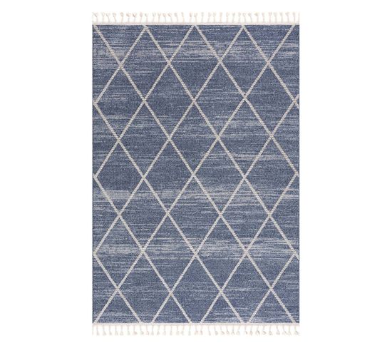 Flät - Tapis Géométrique à Franges Tressées Bleu Et Crème 160x230cm