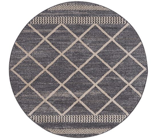 Flät - Tapis Rond Géométrique Tressées Gris Et Crème 120x120cm