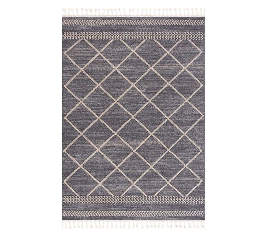 Flät - Tapis Géométrique à Franges Tressées Gris Et Crème 200x290cm