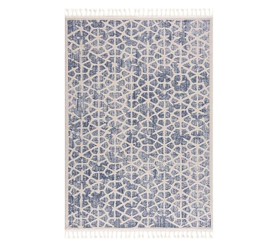 Flät - Tapis Scandinave à Franges Tressées Bleu Et Crème 120x170cm