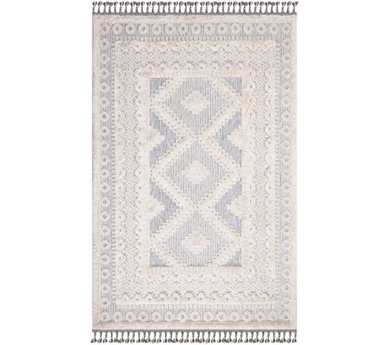 Tapis Boho Chic à Franges Tressées Crème/gris 160x230cm