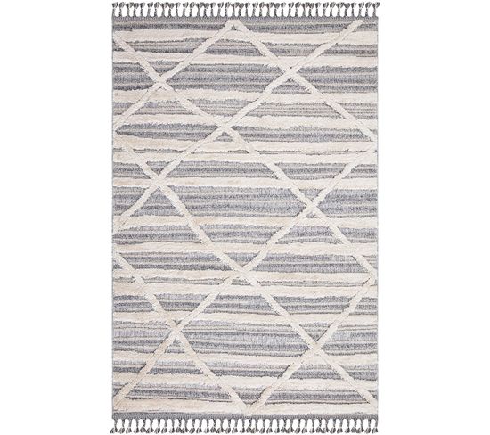 Tapis Boho Chic à Franges Tressées Gris/bleu/crème 200x290cm