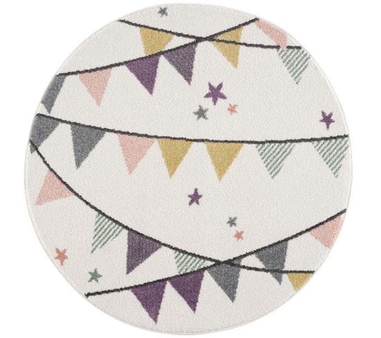 Tapis Rond Pour Chambre D'enfant Crème Motif Guirlandes Multicolores 120x120cm