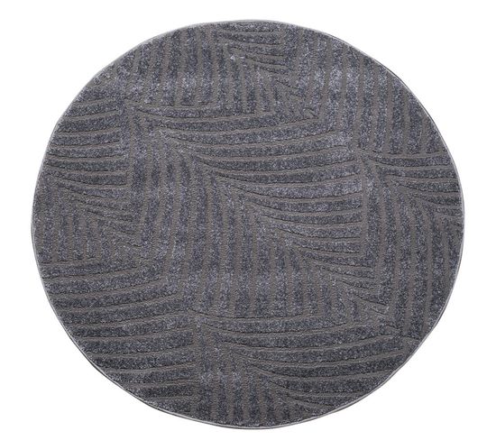 Tara - Tapis Rond à Relief Palmier Couleur Uni Gris 120x120cm