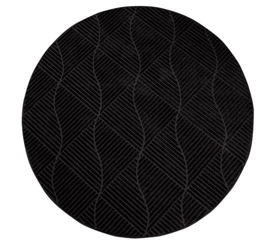 Tara - Tapis Rond à Relief Géométrique Couleur Uni Noir 120x120cm