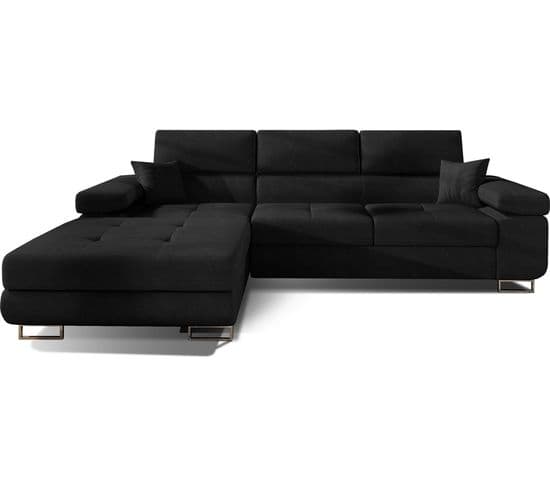 Canapé D'angle Convertible Armel En Tissu Luxe 5 Places, Noir, Avec Coffre, Angle Gauche