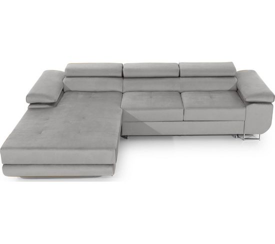 Canapé D'angle Convertible Armel Tissu velours 5 Places Gris, Coffre, Angle Gauche (vu De Face)