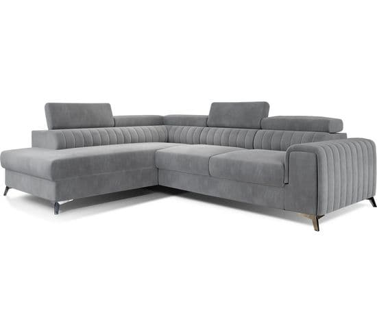 Canapé D'angle Convertible - Larry Velours - En Tissu Velours Luxe, 5 Places, Gris , Angle Gauche