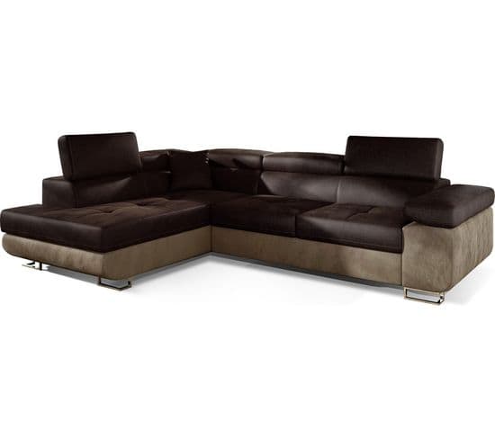 Canapé D'angle Convertible En Velours Luxe 5 Places Annecy, Coffre, Chocolat / Marron, Angle Gauche