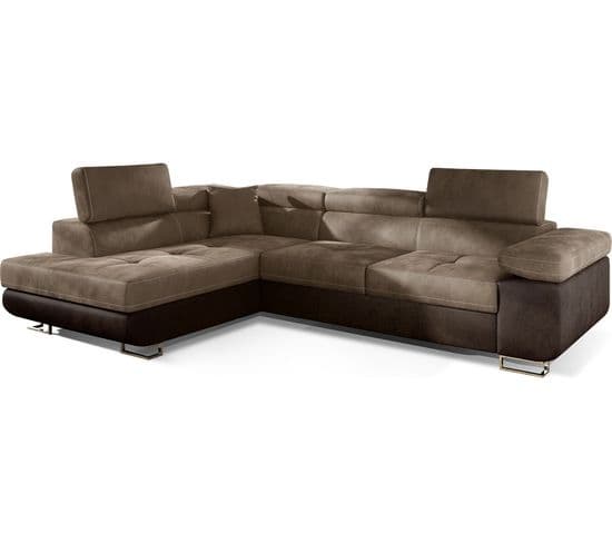 Canapé D'angle Convertible Velours Luxe 5 Places Annecy, Coffre, Marron Et Chocolat, Angle Gauche