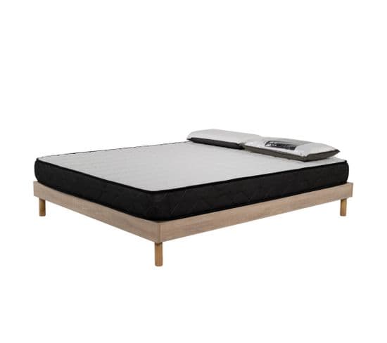 Ensemble Matelas Mousse Memory - 160x200cm Et 2 Oreillers 70x40 - Sommier Kit Couleur Chêne