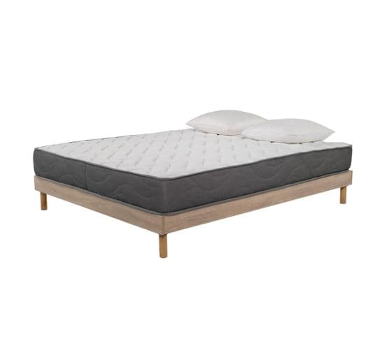 Ensemble Matelas Mousse Luxe - 160x200 Et 2 Oreillers Mémoire 60x60 - Sommier Kit Couleur Chêne