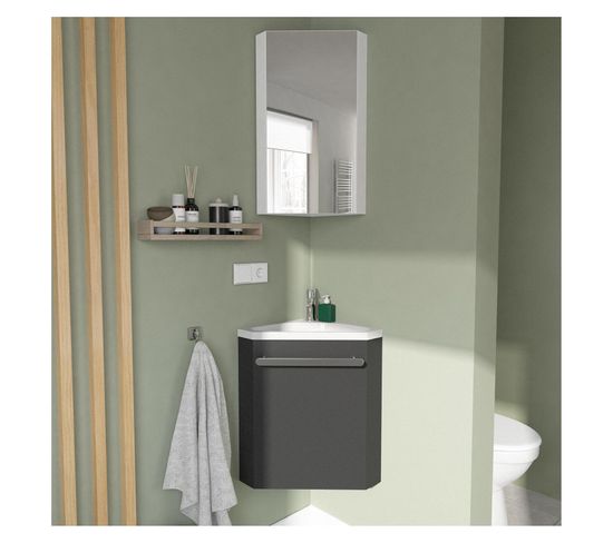 Ensemble Lave-mains D'angle Skino Gris + Vasque  + Robinet + Armoire