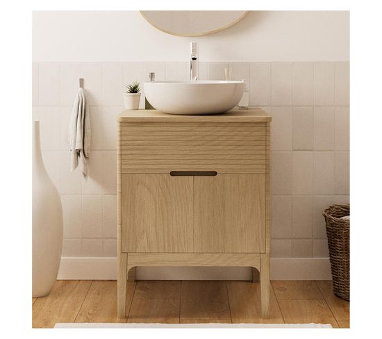 Ensemble Meuble Simple Vasque 60 Cm Chêne Naturel + Vasque Alaska