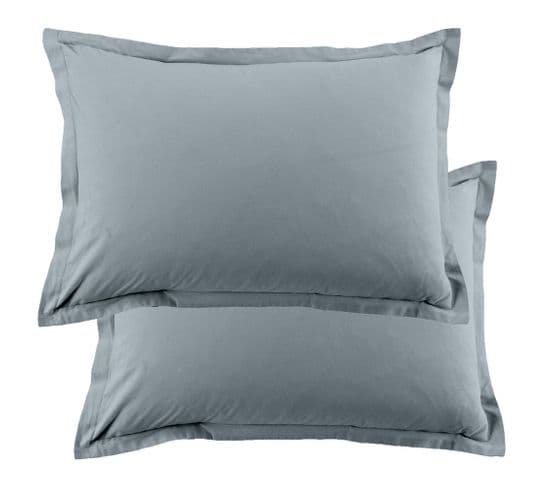 Lot De 2 Taies D'oreiller 50x70 Cm Coton 57 Fils Bleu Polaire