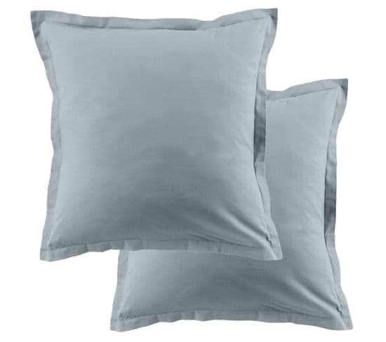 Lot De 2 Taies D'oreiller 63x63 Cm Coton 57 Fils Bleu Polaire