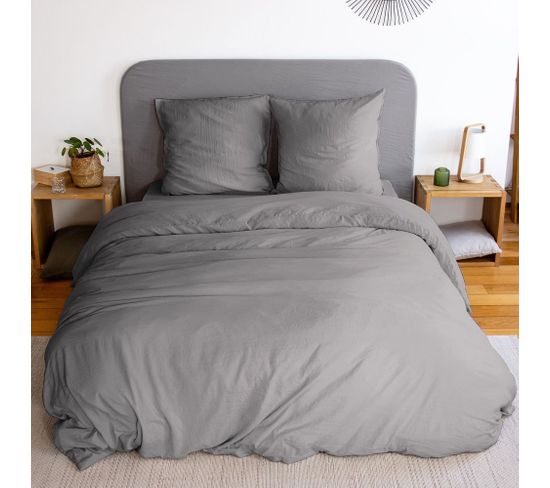 Housse De Couette 240x260 Cm + Taies D'oreiller, Microfibre Lavé, Gris Foncé