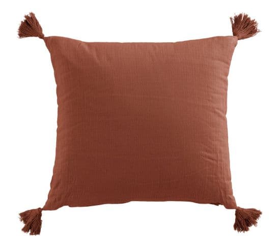 Coussin Carré 40x40 Cm Gaze De Coton Avec Pompons Terracotta