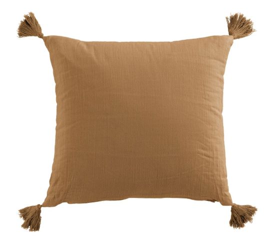 Coussin Carré 40x40 Cm Gaze De Coton Avec Pompons Camel