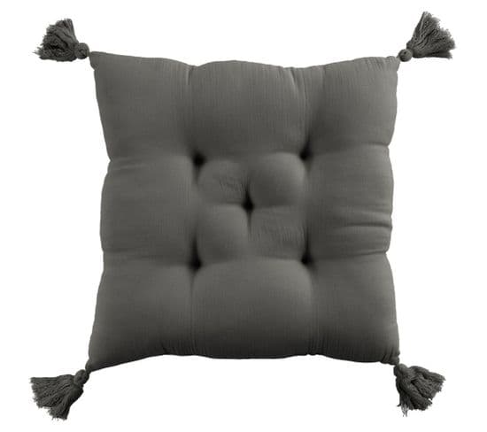 Coussin De Chaise 40x40 Cm Gaze De Coton Avec Pompons Granit