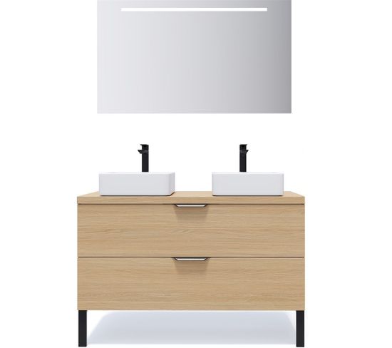 Meuble De Salle De Bain 2 Vasques Posées 120cm 2 Tiroirs Chêne + Miroir - Venice