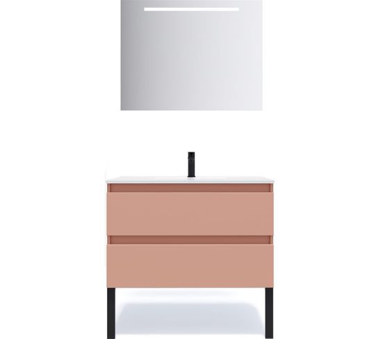 Meuble De Salle De Bain Vasque Intégrée 90cm 2 Tiroirs Abricot + Miroir - Hudson