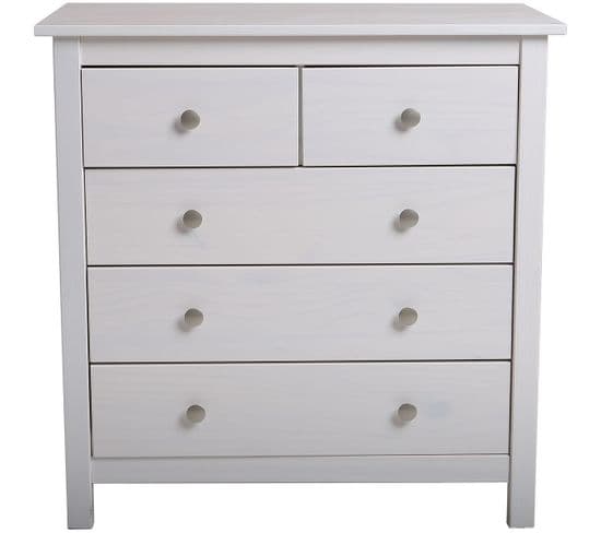 Commode 5 Tiroirs En Pin Massif Blanc 79 Cm - Elton