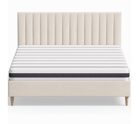 Ensemble Lit Adulte 160x200 En Velours Beige Eliot + Matelas Ressorts Ensachés Mousse Hr