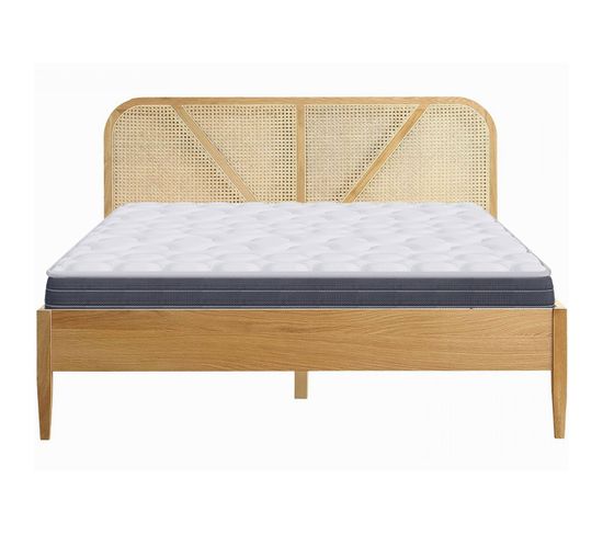 Ensemble Lit Adulte 160x200 En Bois Et Cannage Leonie + Matelas Accueil Mémoire De Forme