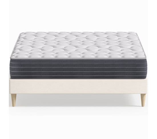 Ensemble Lit Adulte 160x200 En Velours Côtelé Beige Dina + Matelas Accueil Mémoire De Forme