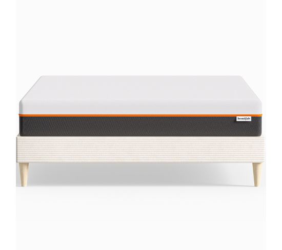 Ensemble Lit 160x200 Velours Côtelé Beige + matelas Mousse Accueil Mémoire De Forme, Double Confort