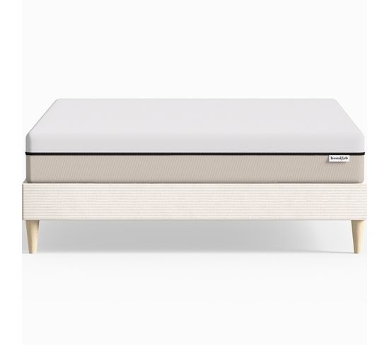 Ensemble Lit 160x200 Velours Côtelé Beige+matelas Hybride Ressorts Ensachés Accueil Mémoire De Forme