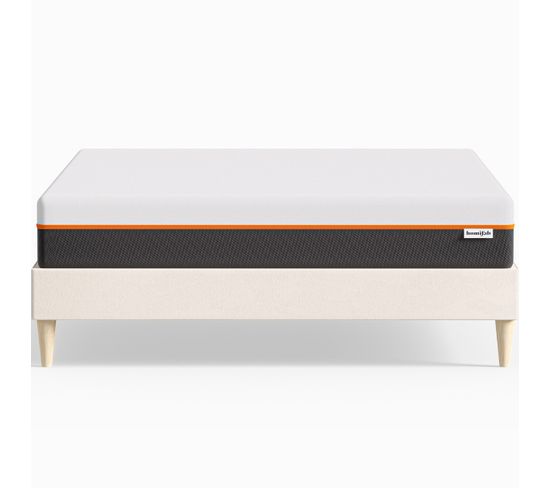 Ensemble Lit 180x200 En Velours Beige + Matelas Mousse Accueil Mémoire De Forme, Double Confort