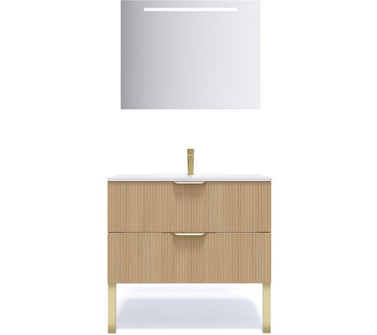 Meuble De Salle De Bain Vasque Intégrée 90cm 2 Tiroirs Cannelé + Miroir - Venice